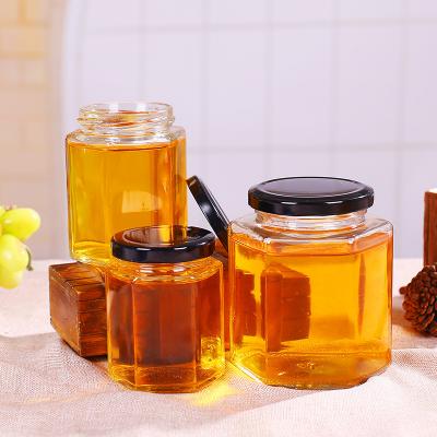 New clear 500ml unique empty hexagon honey glass jars with lid 