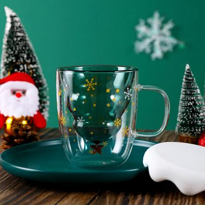 Borosilicate double wall christmas print glass cup with handle 