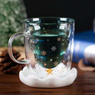 Custom christmas printed borosilicate double wall glass cups with handle 